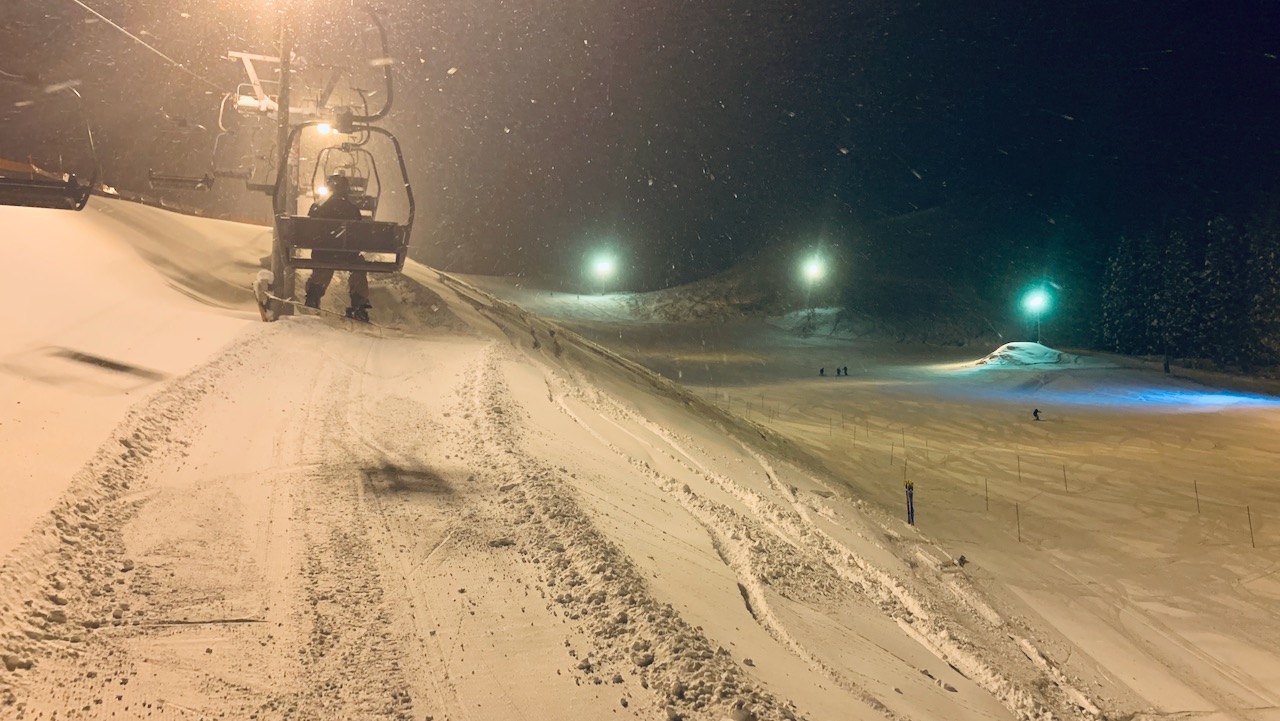 Inagawa Ski Area at night in Yuzawa, Akita.