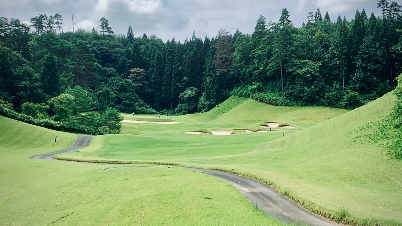 View of dogleg par 4 at North Hampton GC