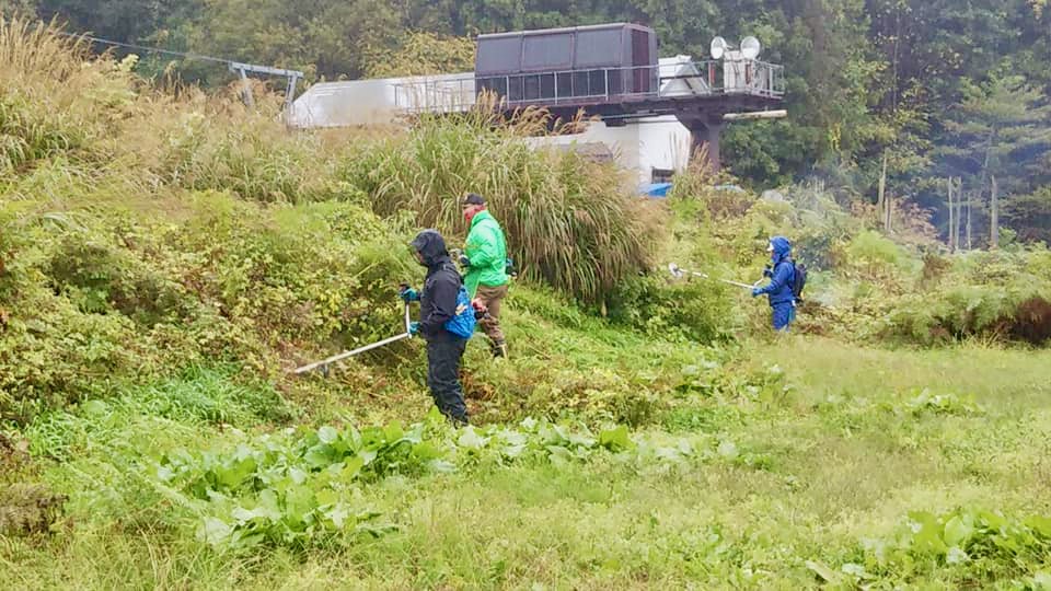 Volunteers clearing grass at base of ski area