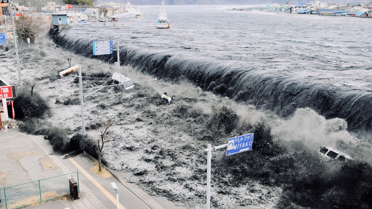 Tsunami reaches Miyako City during the 2011 Great East Japan Earthquake